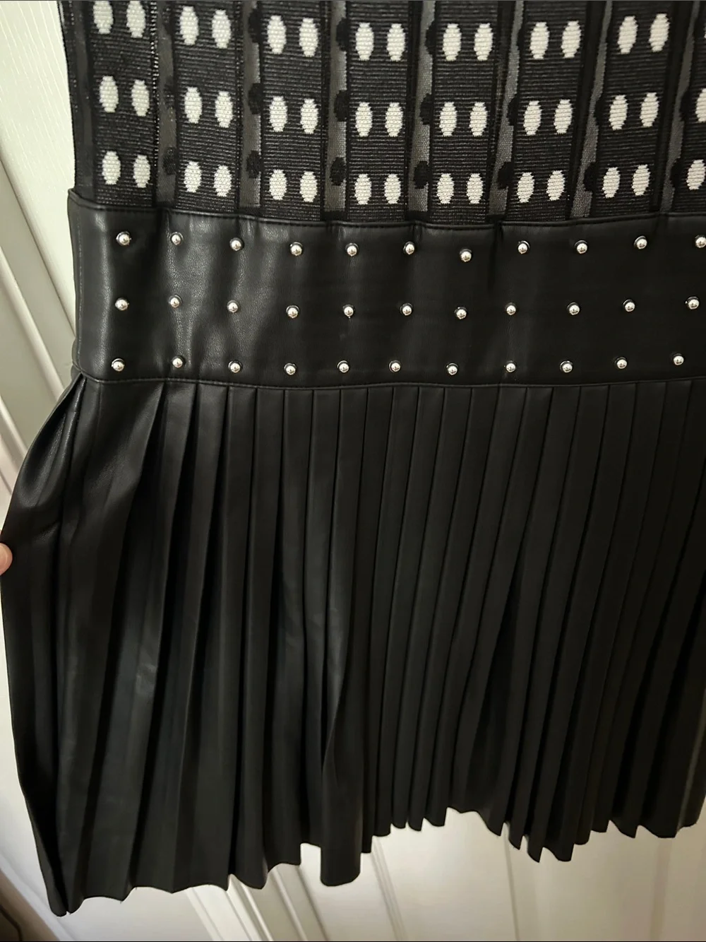 Karen Millen Shear Knit Black and White Polka Dot Pleated Leather Midi Dress